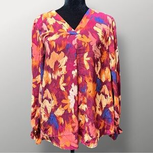 Haptics Floral Blouse Small V Neck Long Sleeve Fall Colors Lightweight Top